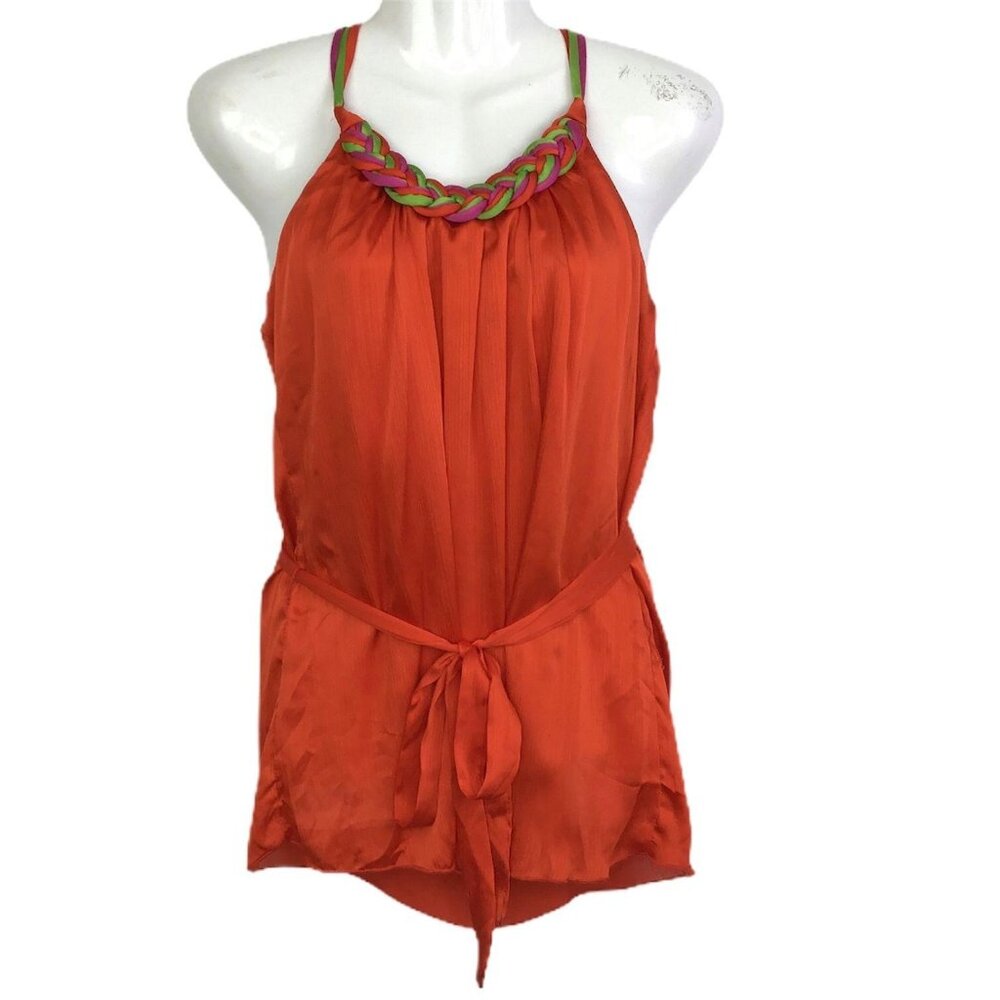NWT Charlotte Russe L Blouse Flowy Spaghetti Straps Braided Orange Waist Tie